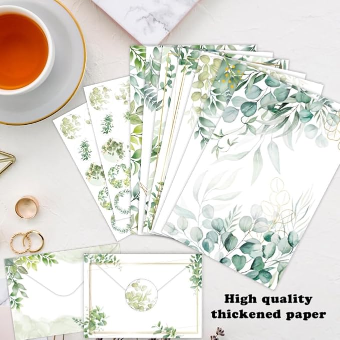 160 Packs Stationery Paper Set (50 Single-Sided Stationery Writing Papers 50 Matching Envelopes) 60 Round Dot Sticker, 10 Design Green Letter Paper Vintage Stationary Stes,5.5 x 8.25 Inch.