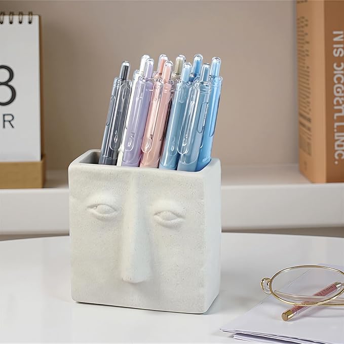 Abstract Square Face Ceramic Pen Holder, Multi-Use Ceramic Pencil Holder & Pen Holder, Modern Minimalist Desk Accessory for Home & Office Organization