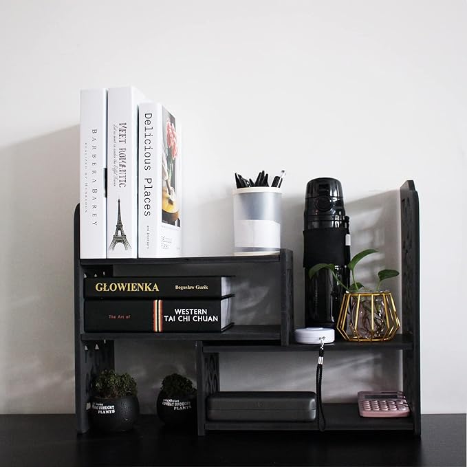 YGYQZ Desk Shelves Desktop Orgnizer Shelf-Black Office Organization for Top of Adjustable Desk Organizers and Corner Bookshelf Table Top Shelving Small Hutch Decorations for Women Office