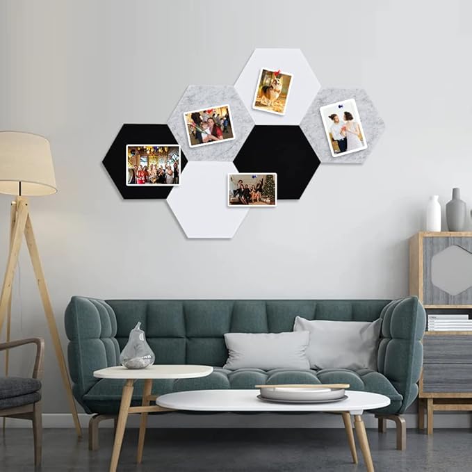 Vuzvuv 6 Pcs Hexagon Bulletin Board with 50 Pushpins & Sticky Note Adhesive Cork Board for Wall,Felt Pin Board for School,Office Decor(Black White Grey)