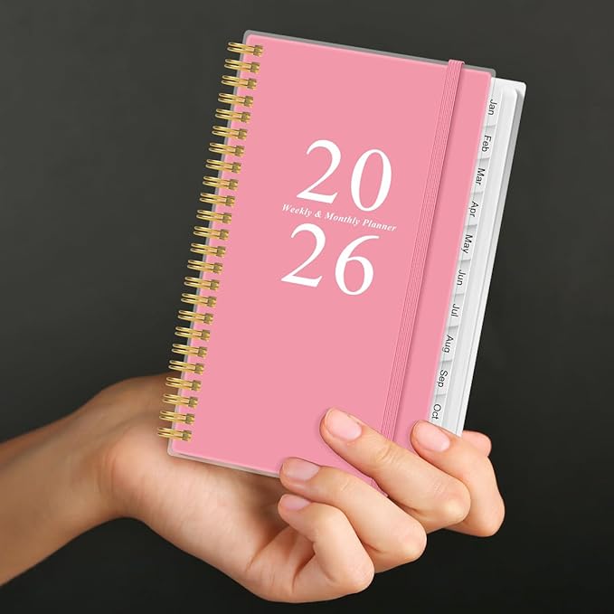 2026 Pocket Planner/Calendar - 2026 Planner from January 2026 - December 2026, Planner 2026 with 12 Tabs, Twin-Wire Binding, Inner Pocket, 3.75" x 6.75", Pink