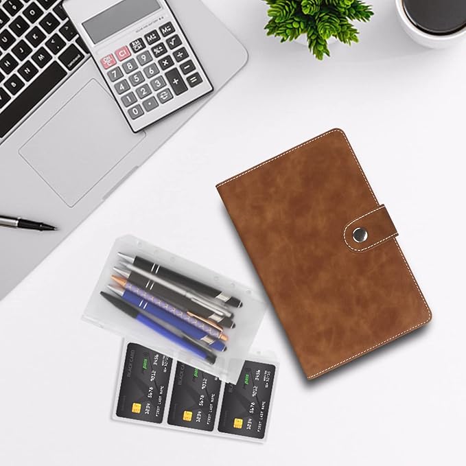 FYY A6 Binder Refillable Planner Notebook 6 Ring PU Leather Binder Journal with Pockets, Dividers, Refill Paper Brown