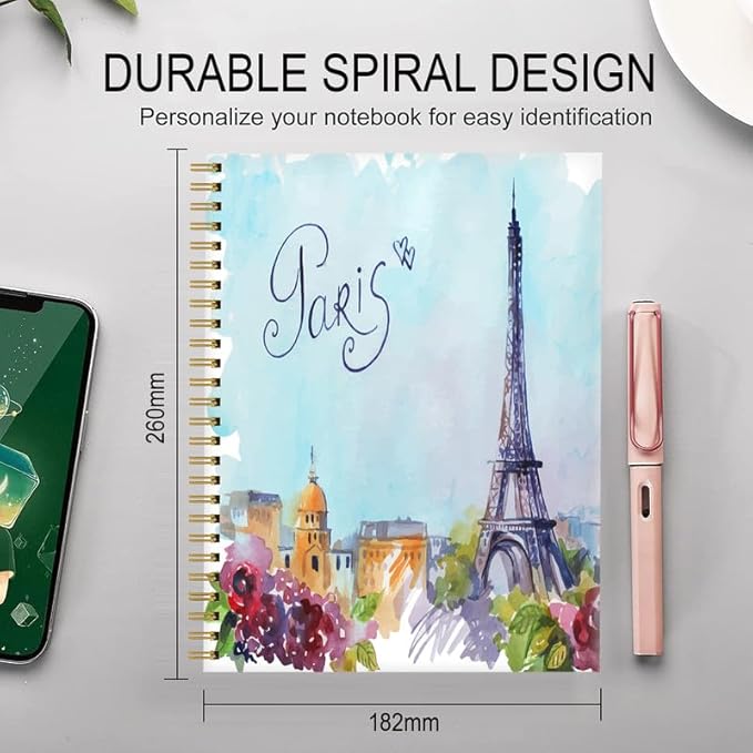 Spiral Journal Notebook for Women,A5 College Ruled Notebooks 6"x 8.4", 120 Pages (60 Sheets) Lined Journal with Premium Thick Paper,Perfect for School Office Home(Watercolor Paris Eiffel Tower)