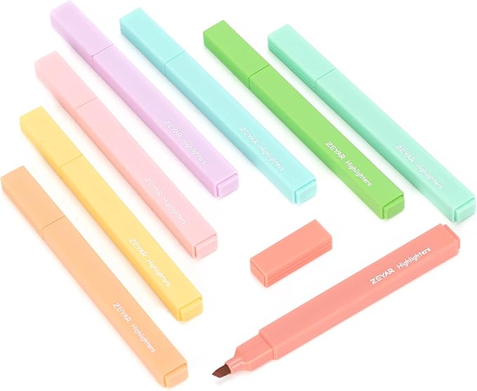 ZEYAR Aesthetic Cute Highlighter Pens, Cream Chisel Tip, Water Based, Quick Dry, No Bleed for Bible, Four Seasons Color Series (8 Summer Colors)
