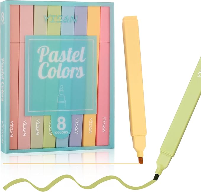 YISAN Highlighters Pastel Assorted Colors,Soft Tip,Cute Aesthetic for Book Journal,8-Pack, 70948