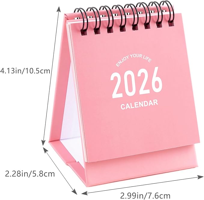 Mini Desk Calendar 2026-2027 - Use January 2026 to June 2027 Small Desktop Calendar Mini Daily Schedule Thick Paper Twin-Wire Binding with Stickers for Home Office School (Mini Pink)