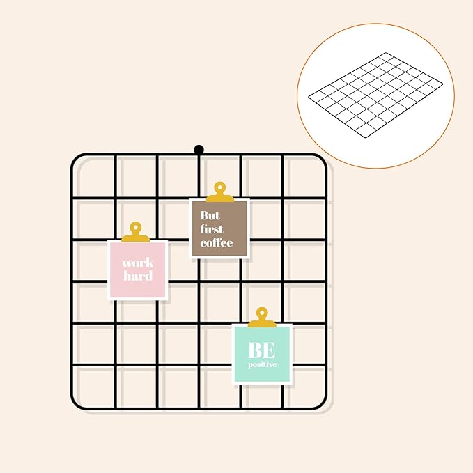 YOKIVE Iron Wire Grid Panel, Decorative Panels Board | Photo Pictures Display Holders Hanging Frame for Home Office (Black, 16"x12")