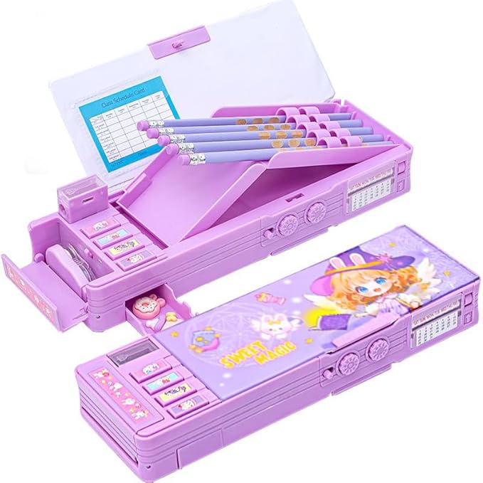 Pop up Multifunction Pencil case for Kids kawaii Pencil Case Pencil Holder for School Students supplies for girls Cute Pencil box for Girls with Sharpener Password Lock Schedule Whiteboard (purple)