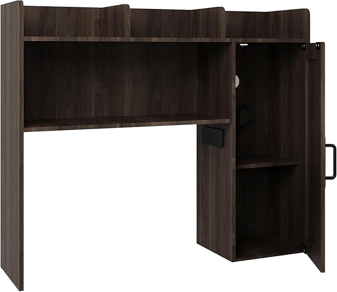 Desktop Bookshelf, Wooden Desk Hutch with LED Lights, Desktop Shelf with 6 Shelves and Power Outlets, Office Desk Organizer, Over Desk Storage Shelves for Dorm, Home, Walnut