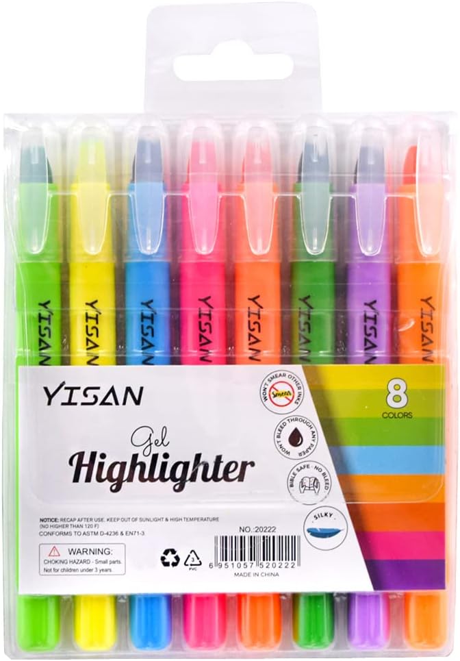 YISAN Bible Highlighters No Bleed,Gel Highlighter,Dry Highlighters,Crayon Marker Pens for Bible Study Journaling,8 Assorted Colors 20222