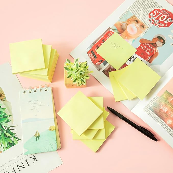 (12 Pads) Sticky Notes 3x3 in Yellow, Strong Adhesive, Clean Removal, Recyclable, Self-Stick Pads, Easy to Post for Home, Office, Notebook