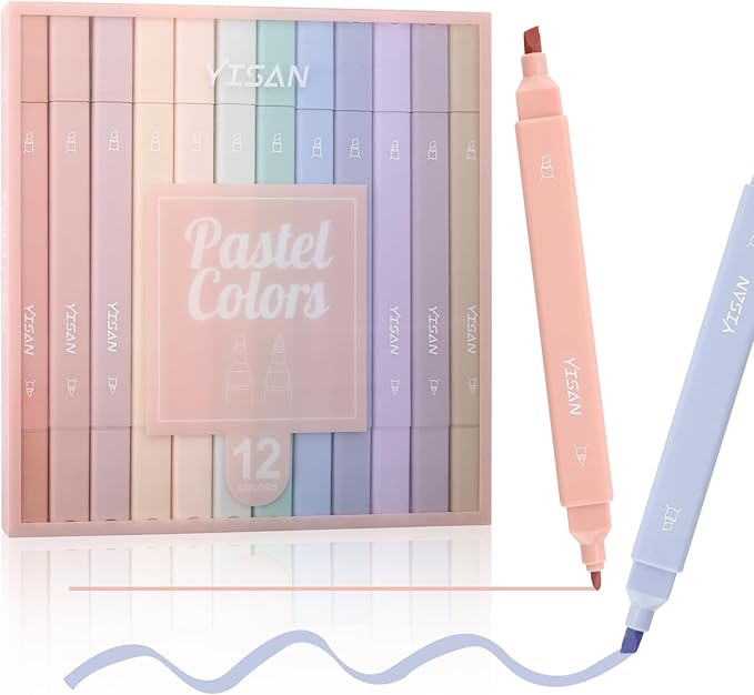 YISAN Pastel Highlighter Pens,Double Tip 12 Colors Bible Highlighter Markers no bleed,70924