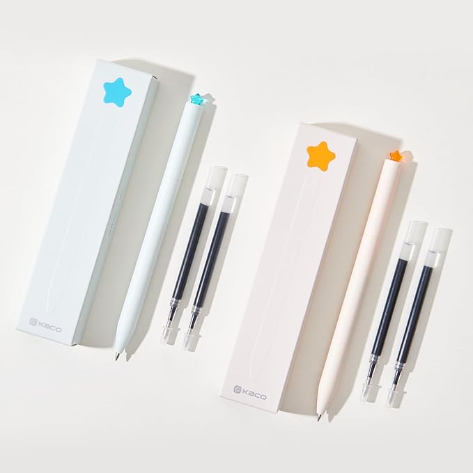 Kaco FIRST Gel Pens 6 Pieces with 12 Extra Refills, Cute Stationery Black Ink, 0.5 mm Fine Point, Aesthetic Cute Star Pens for Journaling