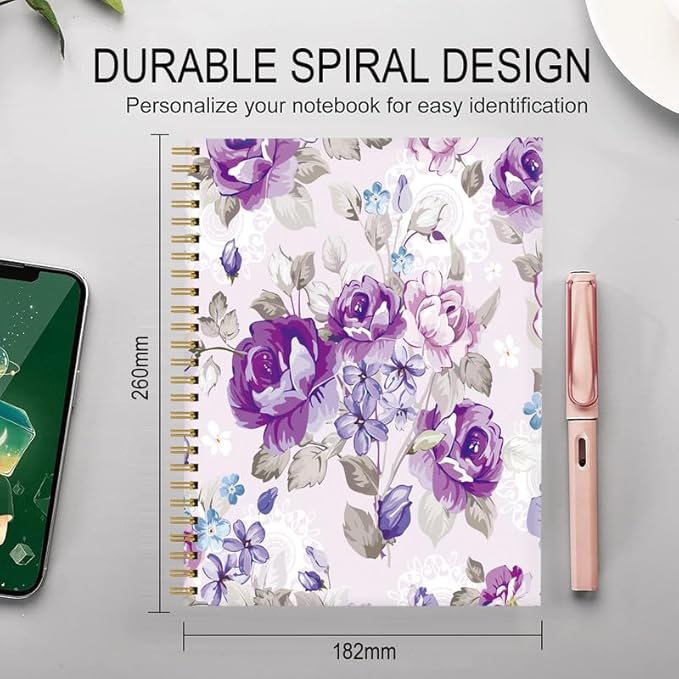 Spiral Journal Notebook for Women,A5 College Ruled Notebooks 6"x 8.4", 120 Pages (60 Sheets) Lined Journal with Premium Thick Paper,Perfect for School Office Home(Watercolor Flowers Rose Lavender)