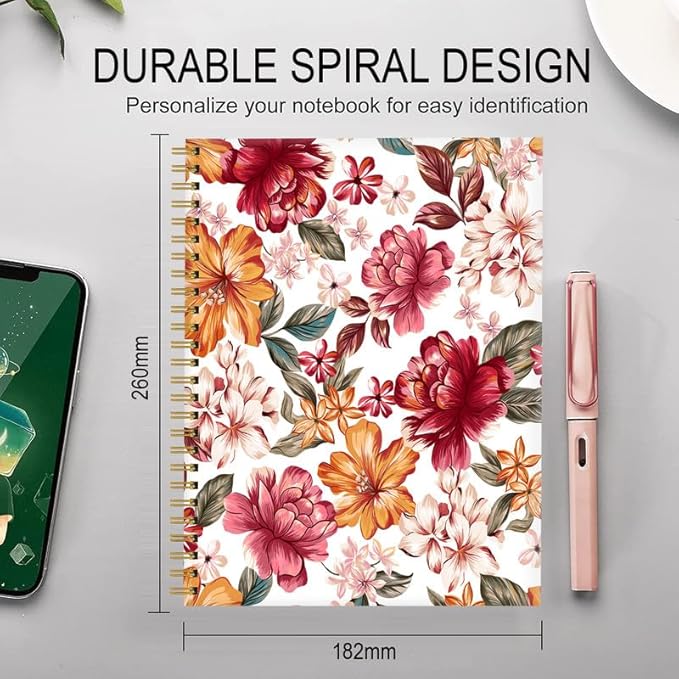 Spiral Journal Notebook for Women,A5 College Ruled Notebooks 6"x 8.4", 120 Pages (60 Sheets) Lined Journal with Premium Thick Paper,Perfect for School Office Home(Flower Leaf Beautiful)