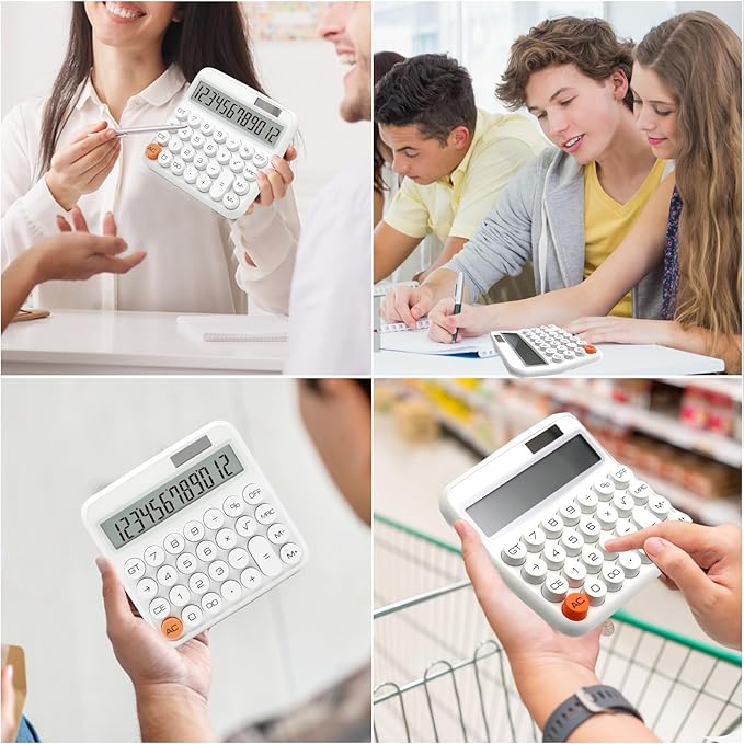 White Calculator, Standard Calculator 12 Digit with Large LCD Display and Big Buttons, White Office Supplies and Desk Accessories for Home, Office, School, Class and Business