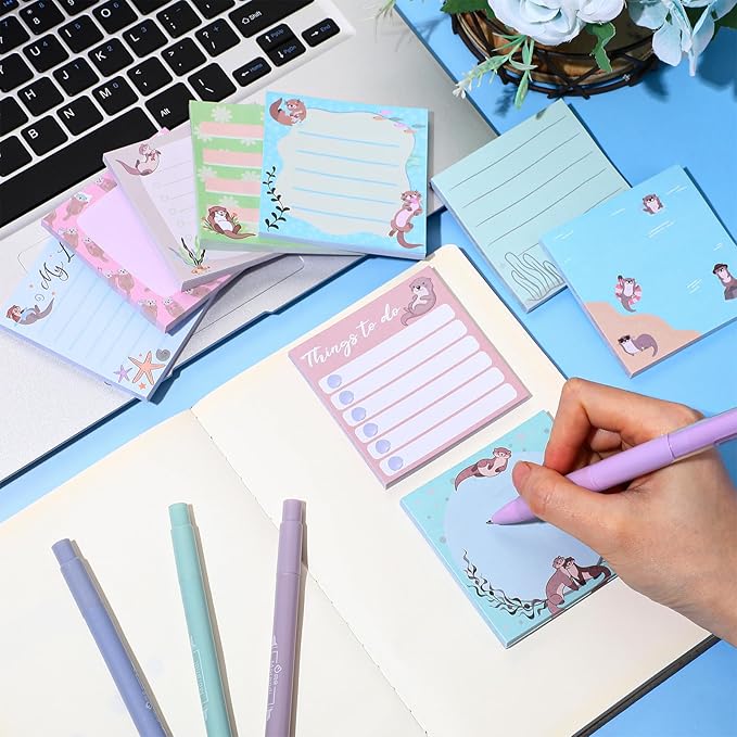 9 Pads Otter Sticky Notes 3x3 Inch Cute Self Stick Notepads Notes Adhesive Memo Pad Office Decor Gifts for Students School Teacher Meeting Office Supplies