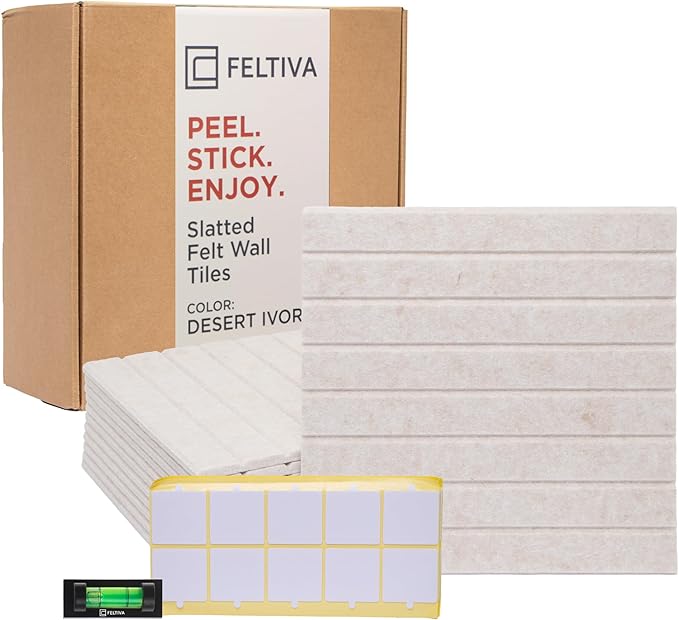 Felt Bulletin Board Tiles – 12x12 Inch Cork Wall Panels, Pack of 12, Covers 36x48 Inches, 50 Adhesive Tabs and Bubble Level, Polyester Material – Desert Ivory