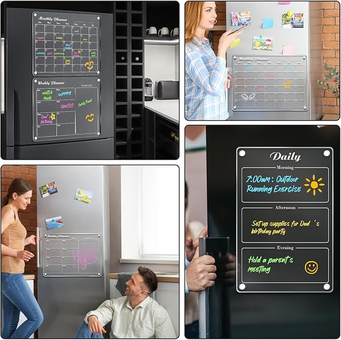DIYMAG Magnetic Calendar for Refrigerator 3 PCS Dry Erase Whiteboard 15.2"x11.2" Magnet Fridge Monthly Weekly Daily White Board Planning Acrylic Clear Apartment Decor Meal Planner with 6 Colors Markers