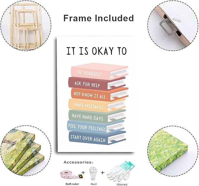 It's Okay To Not Be Okay Poster Motivational Kids Art Classroom Posters Quotes Educational Wall Art Be Yourself Playroom Wall Art Decor Framed 12x16inch