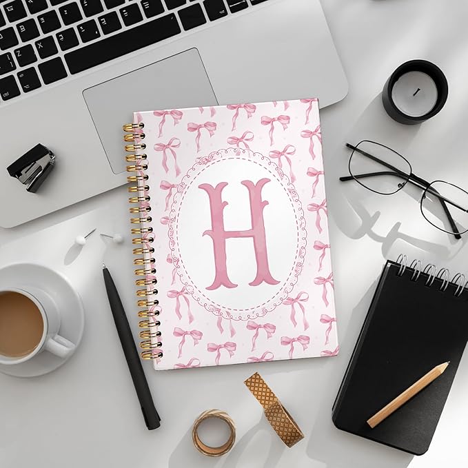 LIANGW Pink Bow Journal Notebook for Teen Girls,Initial H Journals Personalized Diary Gifts for Teen Girl Kids, Monogrammed Gifts for Women, Coquette Cute Hardcover Spiral Notebook 5.5 x 8.3
