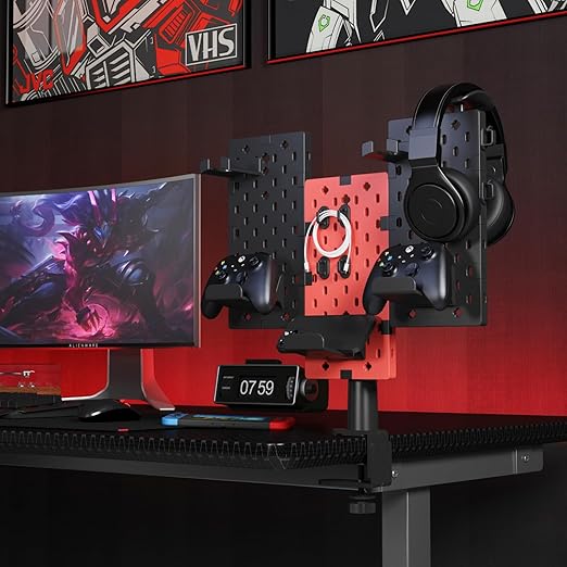 PEGZONE Modular Headphone and Controller Holder for Game, Clamp-on Pegboard, Rotatable Controller Stand with Cable Hooks, Gaming Accessory for Xbox PS5 PS4 Nintendo Switch, 3Pcs Pegboard, Red