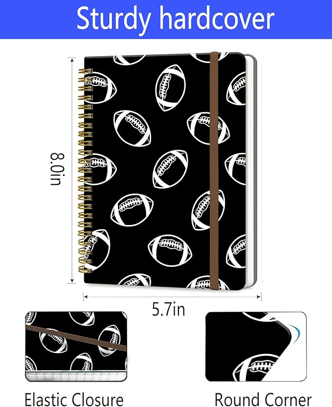 Spiral Journal Notebook, A5 Cute Notebooks for Women Men, College Ruled Hardcover Notebook for Work & Note Taking, 60 Pages Double-Wire Journals for Writing, White Black Football