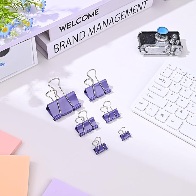 Temiary Aesthetic Binder Clips, 48 Pcs 0.98 Inches Small Metal Binder Clip with Clear Storage Container, Binding Paperwork Clamps for School Teachers Office Supplies (Purple)