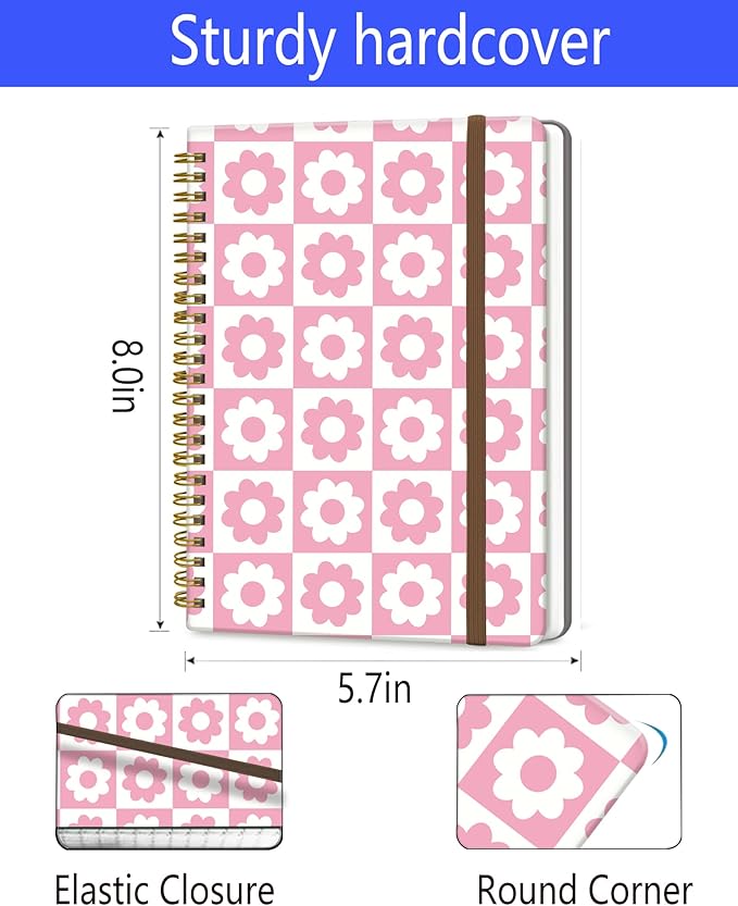 Spiral Journal Notebook, A5 Cute Notebooks for Women Men, College Ruled Hardcover Notebook for Work & Note Taking, 60 Pages Double-Wire Journals for Writing, Cute Pink Plaid Daisy