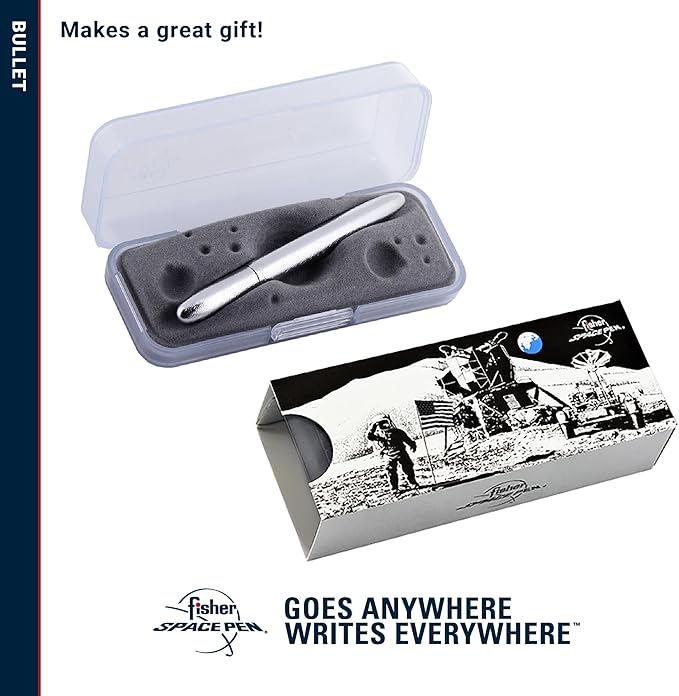 Fisher Space Pen Bullet Space Pen, Brushed Chrome Pressurized Ballpoint Pen, Compact Size, Writes Upside Down and in Extreme Temperatures, Smooth Black Ink, Medium Point, Gift Box, Made in the USA