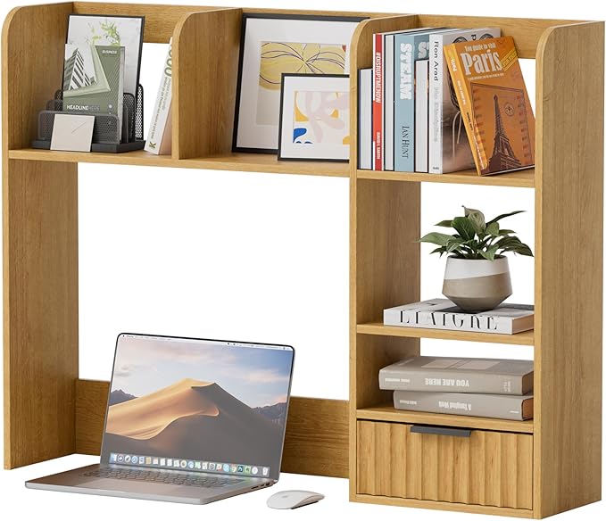 Desktop Bookshelf with Fluted Drawer, Wooden Countertop Shelf Mid Century Modern Desk Hutch Organizer Small Storage Bookcase for Dorm Home Office Study Vanity, Natural Oak