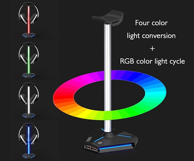 RGB Headphone Stand with 2 USB2.0 Extension Charging Port Extender Cord,Headset Stand Holder for Gamer Desktop Table Game Earphone Accessories,PC Gaming Accessories for Gamer,Gifts for Boyfriend