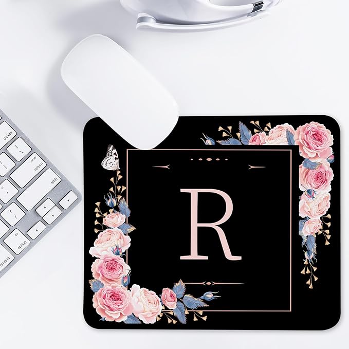 Letter R Black and Pink Flowers Square Mouse Pad, Mouse Pad with Stitched Edge and Non-Slip Rubber Base,Mouse Mat,Home Office Decor Desk Accessories,9.4x7.8x0.12 inch Square Mouse Pad