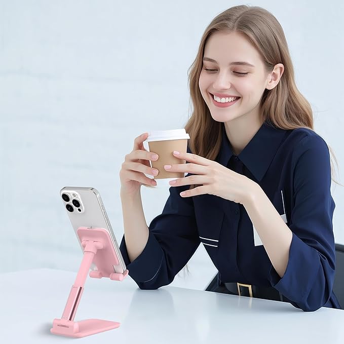 Cell Phone Stand, Angle Height Adjustable Cell Phone Holder for Desk, Fully Foldable with Silicone Pad, Compatible with iPhone and All Mobile Phones Tablet, Sturdy Weighted Base (Pink-2)