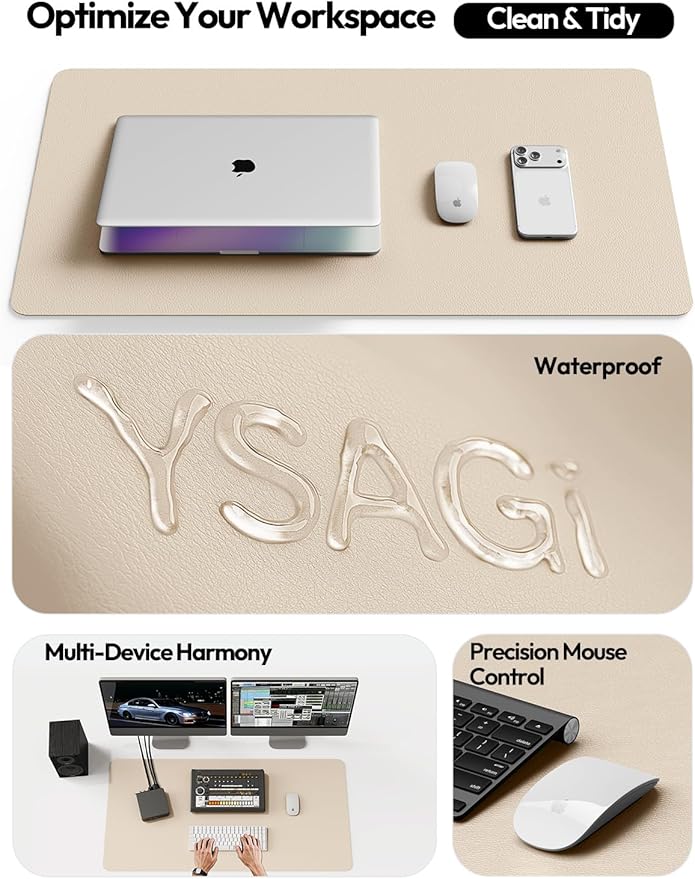 YSAGi Leather Desk Pad Protector, Office Desk Mat, Large Mouse Pad, Non-Slip PU Leather Desk Blotter, Waterproof Laptop Desk Writing Pad for Office and Home (23.6" x 13.8", Eggshell)