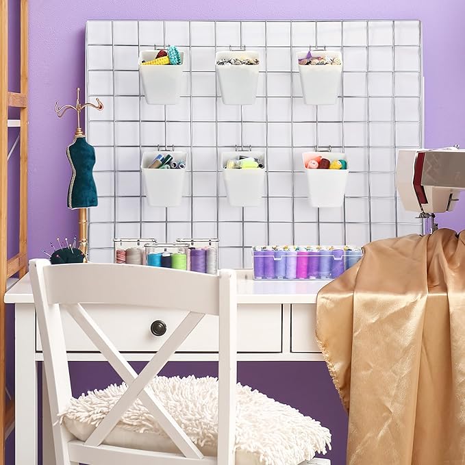 6 Pack Large Gridwall Cups Gridwall Storage Bin with Hooks Hanging Baskets Square Box Shape Hanging Cup Holder Gridwall Accessories for Garage Workbench Office Playroom Home Kitchen(White)