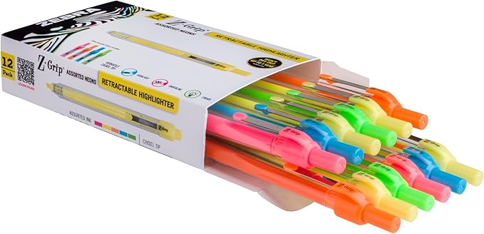 Zebra Pen, Z-Grip Retractable Highlighters, Chisel Tip, Assorted Neon Colors, Transparent Barrel, Click-Style Retractable Design, Built-In Metal Clip, Ideal for School and Office, 12-Pack (71200)