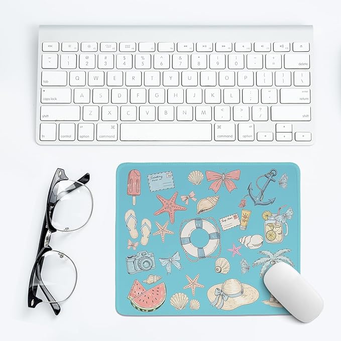 Blue Coastal Mouse Pad,Blue Beachy Desk Mat,Girly Summer Beach Seashell Mouse Pads for Dorm Home Office Beach Room Desktop Decor,11.8x9.8 Inch