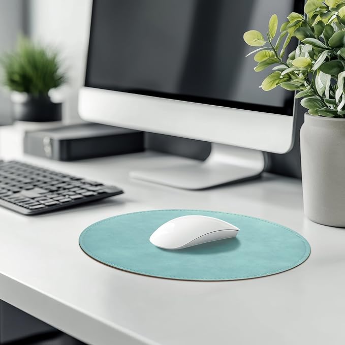 Mouse Pad,Round Mouse Pad,PU Mouse Pad,Leather Mouse Pad with Stitched Edge Micro-Fiber Base with Non-Slip Waterproof,Mouse Pad for Computers,Laptop,9 x 9 Inch (Light Blue)