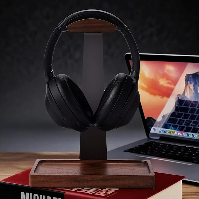 Walnut Headphone Stand, Wooden Headset Stand for Desk, Wood Gaming Headphone Holder with Storage Base for Airpod max, Bose, Razer, Sennheiser, Jabra, JBL, AKG, Vintage Gift for Men