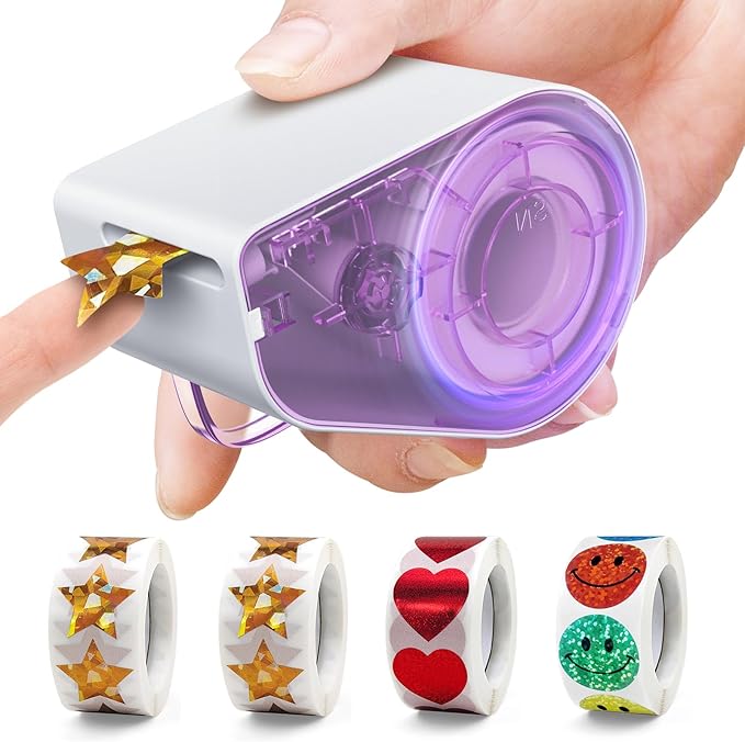 Manual Sticker Dispenser for Rolls of Stickers with 1520Pcs 1Inch Gold Star,Red Heart,Smiley Face Stickers for Kids Reward,Behavior Chart,School Classroom Student Teacher Supplies Gift(Purple)