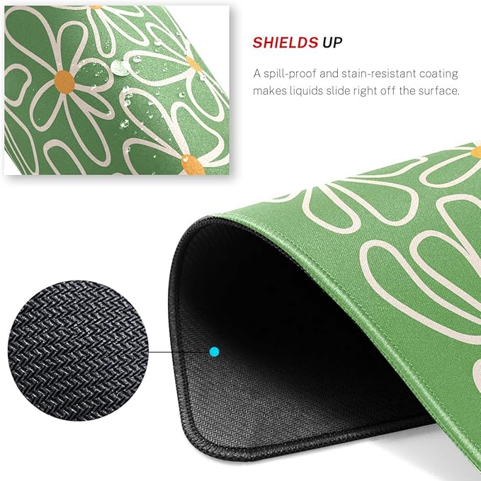 Green Daisy Flower Desk Pad Mat with Stitched Edges and Non-Slip Rubber Base, Premium-Textured Mouse Pad for Laptop, Computer & PC, Gaming & Working, Waterproof Mousepad
