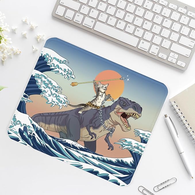 Dinosaur and Cat Square Mouse Pad,Non-Slip Rubber Base Mouse Pad,Home Office Decoration Desktop Accessory,Laptop Mouse Pad for Office Laptops,9.4x7.8x0.12inch.