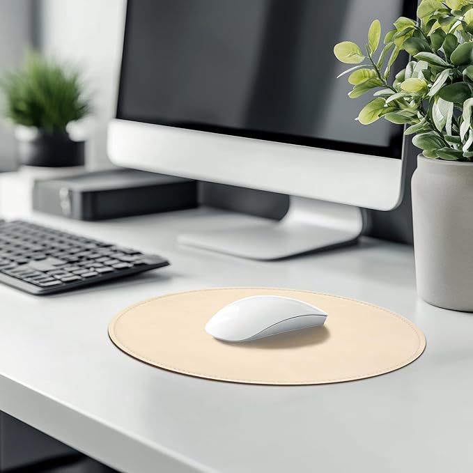 Mouse Pad,Round Mouse Pad,PU Mouse Pad,Leather Mouse Pad with Stitched Edge Micro-Fiber Base with Non-Slip Waterproof,Mouse Pad for Computers,Laptop,9 x 9 Inch (Milky White)