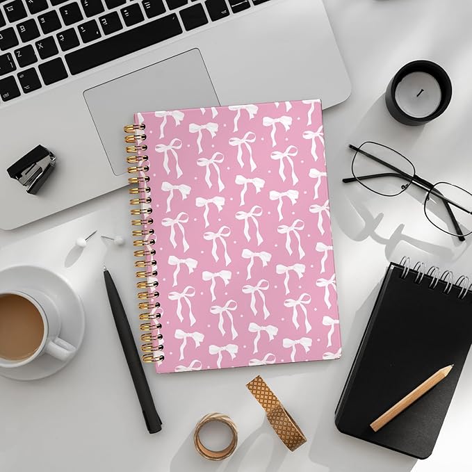 LIANGW Coquette Pink Bow Notebook Journal for Teen Girls & Women, Preppy Cute Journal Gifts for Women, Girly Gifts, Pink Bow Office Supplies, Hardcover Spiral Notebook, 5.5x8.3 Inch
