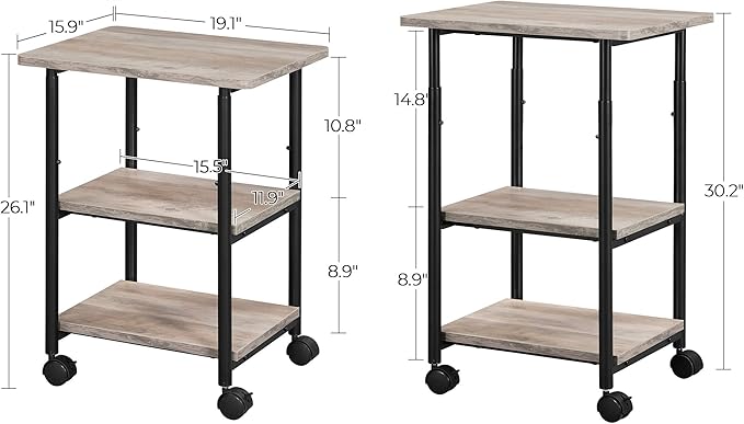VASAGLE Heavy-Duty Printer Stand with Locking Wheels, 3-Tier Industrial Mobile Cart with Storage Shelf, Printer Table for Home, Office, 26.2-30.1" Adjustable Height, Heather Greige and Black