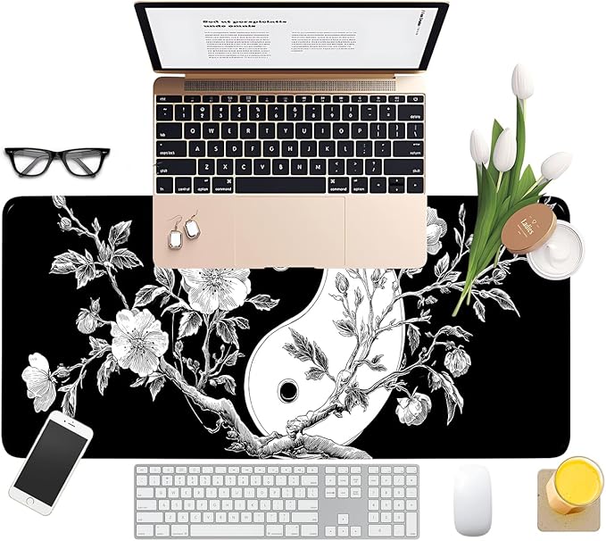Yin Yang Cherry Blossom Gaming Mouse Pad 31.5"x11.8", Black and White Floral Large Desk Mat, Extended Keyboard Mousepad with Non-Slip Rubber Base, Stitched Edges Mouse Pads for Desk Home Office Gaming
