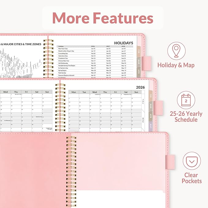 SUNEE 2026 Weekly & Monthly Planner 6.4"x8.5"- 12 Month (January 2026 - December 2026), Vegan Leather Cover, Pocket, Bookmark, Notes, Monthly Tab, Peach Pink