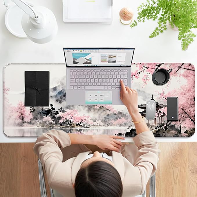 Anime Japan Mount Fuji and Cherry Blossoms XL Large Gray Desk Mat, Extended Long Desk Pad for Gaming and Office, Non-Slip Rubber Base, Comfortable Surface Mouse Pad, 31.5x11.8 in (H17)
