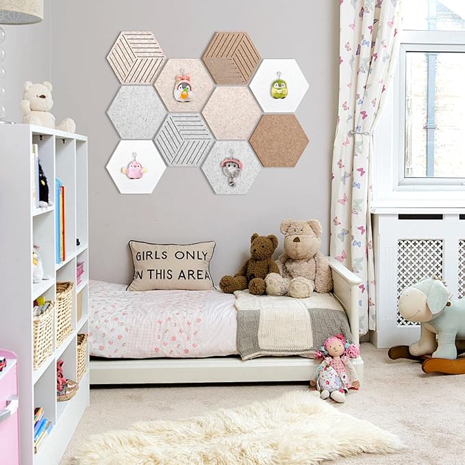 Weldomcor Hexagon Cork Board Tiles 10 Pack Cute Felt Bulletin Boards with 30 Push Pins, 12''x10'' Small Adhesive Pin Display Board Decorative Photo Memo Notes Pinboard for Office Wall Dorm Home Decor